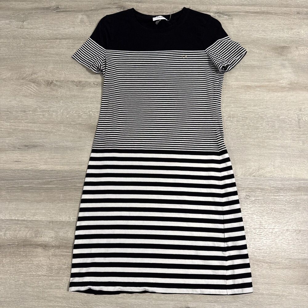 Calvin Klein Dress Women’s Small Black White Striped Colorblock Short Sleeve